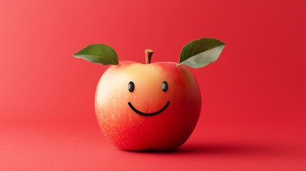 Grinning apple emoji with tiny leaves sticking out like ears on a bright red background