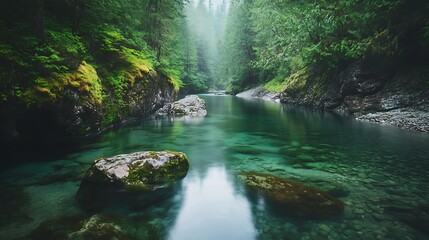 Obraz premium Serene river flowing through lush, misty forest. Clear turquoise water, moss-covered rocks