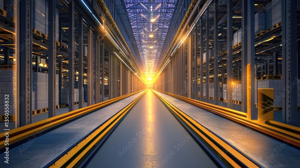 Poster high-tech warehouse in china with blockchain data flows and secure trade connections.