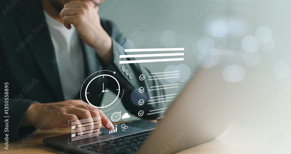 Poster Business professional working on a laptop with clock and to do list interface, time management and productivity tools. Symbolizing task planning, scheduling, and efficient business workflow solutions.