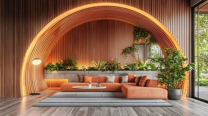 Modern Minimalist Living Room with Warm Orange Accents and Abundant Indoor Plants