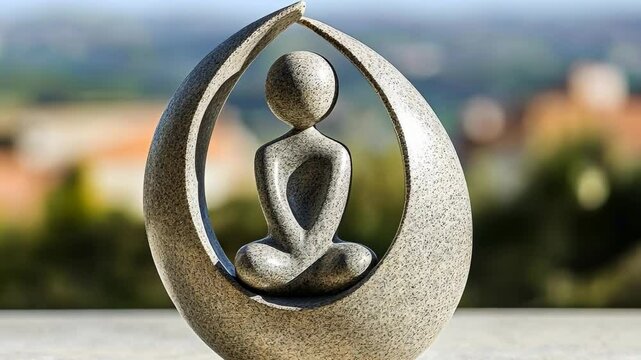 Sculpture of a meditator within a crescent moon shape set against a serene landscape