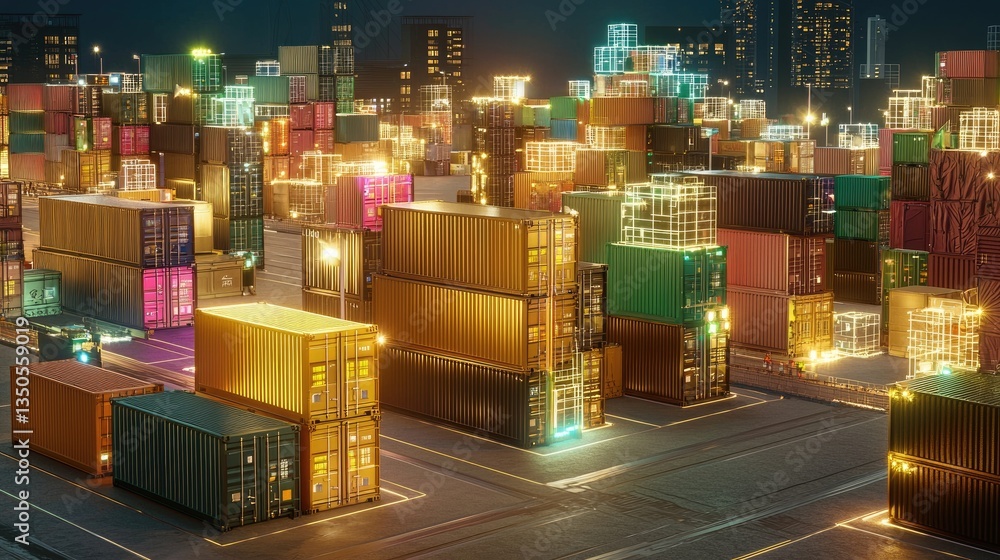 Poster holographic blockchain elements connecting shipping containers in a chinese trade port.