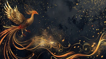 Resilience strength wish card showcasing phoenix rising ashes golden energy waves symbolizing inner power inspiring message of perseverance One side of card remains empty for writing a personal note