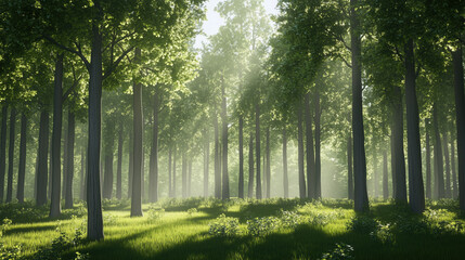 Obraz premium Serene Summer Forest Scene with Tall, Straight Trees and Open Space Beneath, Captured for a Smooth and Calming Wallpaper Design