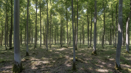 Fototapeta premium Vibrant Summer Forest with Towering Sunlit Trees and Wide-Open Space for Text Placement