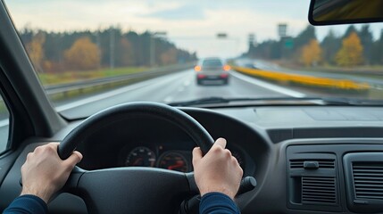 Driver speeding on an open highway with the car in motion.