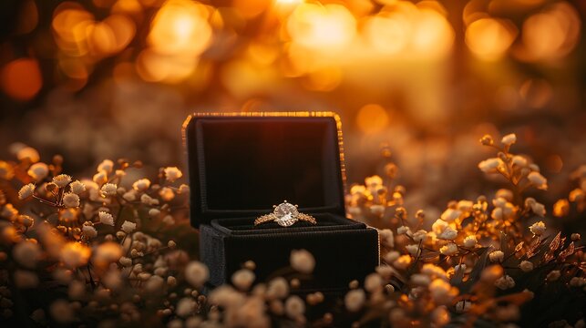 Romantic marriage proposal acceptance card featuring dazzling engagement ring soft velvet box dreamy sunset background golden glow surrounding couple One side of card remains blank writing couple name