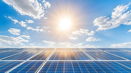 Solar Energy Panels Under Bright Sunlight and Blue Sky with Fluffy Clouds at Daytime