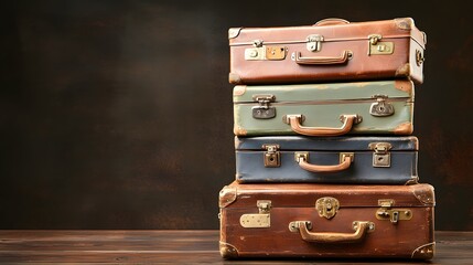 Stack of Vintage Leather Suitcases in Various Colors on Wooden Table Against Dark Background