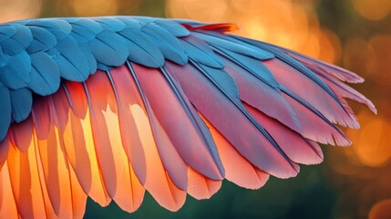 Obraz premium Vibrant feather texture in a spectrum of tropical hues showcasing the intricate patterns and organic beauty of a close up bird wing