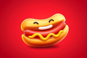 Hot dog emoji with mustard forming a goofy face on a vibrant red background