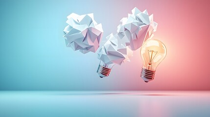 Abstract Concept of Inspiration and Creativity with Crumpled Paper and Glowing Light Bulb