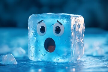 Ice cube emoji with a surprised expression on a frosty blue background