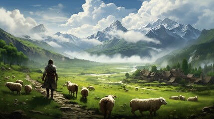 Naklejka premium A village shepherd walks along a dirt path, guiding a flock of sheep through rolling green pastures as a loyal sheepdog keeps them in line. The distant mountains frame the idyllic scene.