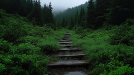 Lush forest path with wooden stairs