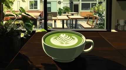 Aesthetic Cup of Green Latte Art on a Wooden Table in a Cozy Caf? with Indoor Plants