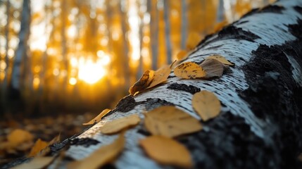 Autumn sunlight filters through birch trees, illuminating fallen leaves on a log