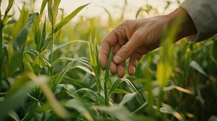 Hands of a farmer gently touching the leaves of a plant in the field.