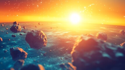 Enormous asteroid field illuminated by a distant supernova casting eerie shadows across floating rocks