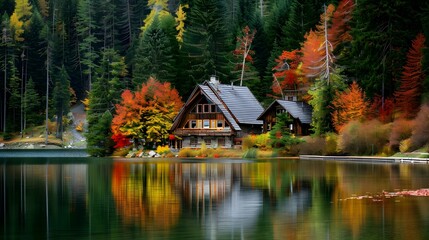 Fototapeta premium A vibrant autumn forest bursting with red orange an trees 