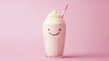 Milkshake emoji with a smiling straw on a pastel pink background