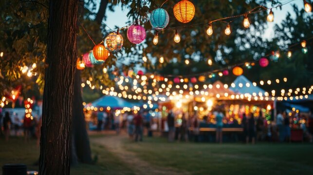 Evening summer fair with string lights and a festive vibe.