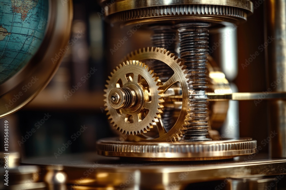 Poster close-up of intricate brass gears, possibly from an antique clock or orrery, showing precision engin