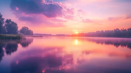Fototapeta premium Serene sunrise over a tranquil lake, vibrant colors reflecting on the water