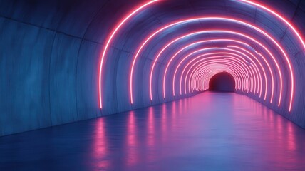 Futuristic Pink and Blue Neon Tunnel with Reflective Floor