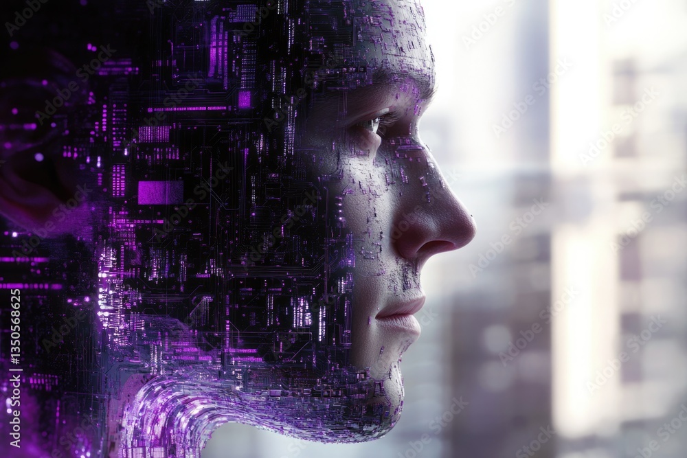 Poster a profile view of a human face overlaid with a futuristic circuit board, suggesting technological in