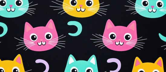 A jet-black background filled with cheerful cat faces in shades of neon pink, bright yellow, and turquoise, with white eyes and soft lavender tails