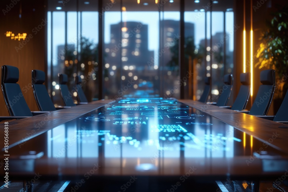 Poster modern futuristic conference room with a holographic interactive table showcasing data visualization
