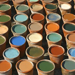 An array of terracotta pots filled with vibrant colorful paint