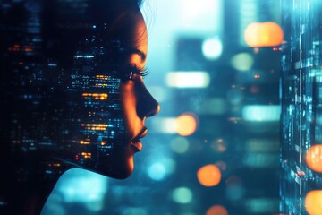A woman's face merges with a futuristic cityscape, representing technology and urban life.