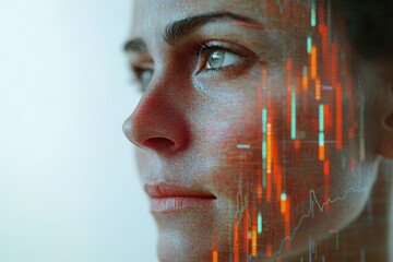 A woman's face is overlaid with a dynamic data visualization, symbolizing the intersection of humanity and technology.