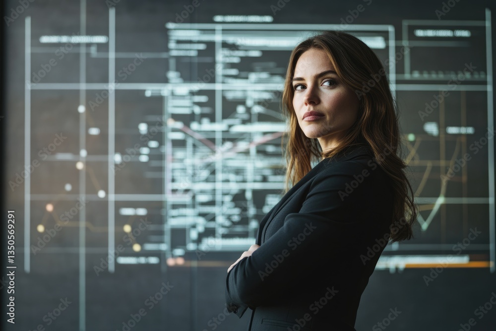 Poster confident businesswoman stands arms crossed before a large screen displaying complex data charts and