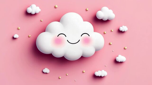 Whimsical smiling cloud with decorative elements on a soft pink background creates a cheerful atmosphere for children&rsquo;s room decor