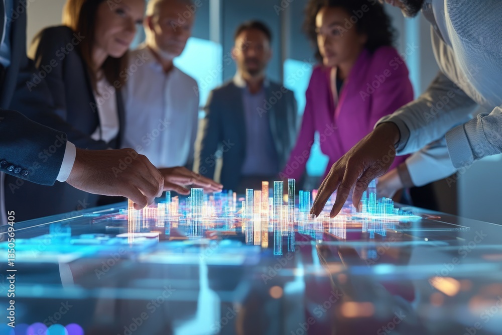 Poster business team collaborates on interactive digital city model, analyzing data and planning future dev