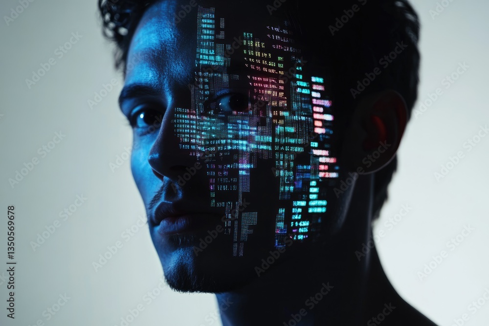 Aufkleber a man's face is superimposed with colorful coding, symbolizing the fusion of human and digital intel
