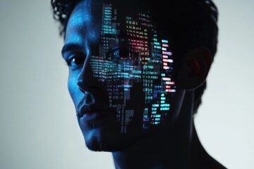 A man's face is superimposed with colorful coding, symbolizing the fusion of human and digital intelligence.