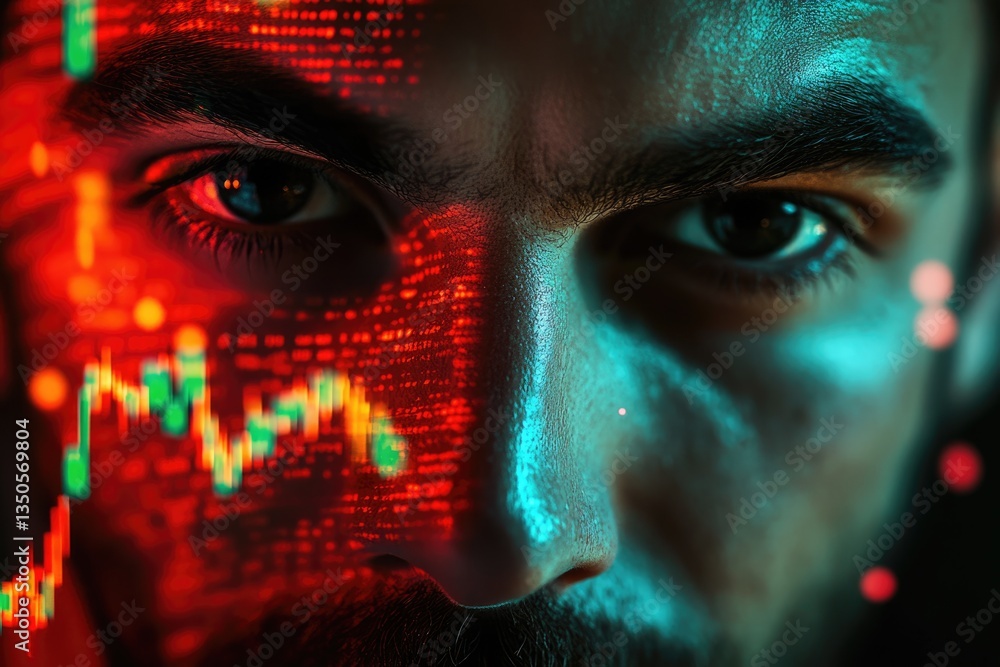 Poster a man's face is overlaid with a futuristic, data-driven visualization of stock market charts and cod