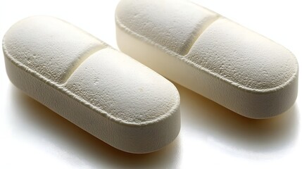 Closeup View of Two White Pharmaceutical Tablets on Glossy Surface Reflecting Light