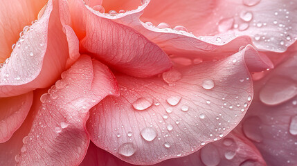 Close-up of a pink rose petal adorned with water droplets, showcasing nature's beauty in soft light