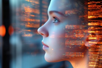 A young woman's profile is superimposed with flowing digital code, symbolizing the fusion of human intelligence and technology.