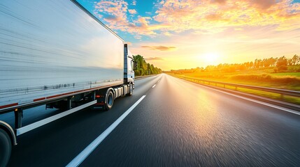 Truck driving on highway during sunset for fast freight transportation