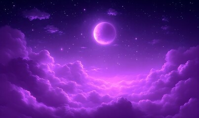 Full Moon Rising Above Purple Clouds and Starry Sky Fantasy