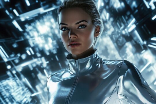 A futuristic woman in a silver suit, standing against a blurred, technological backdrop.