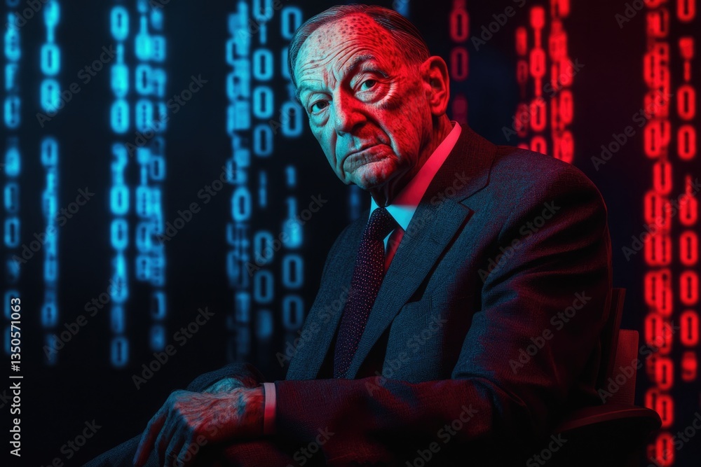 Poster an elderly man in a suit sits against a backdrop of binary code, conveying a sense of mystery and te