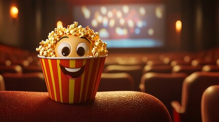 Popcorn bucket emoji with a cartoon face on a movie theater-themed background